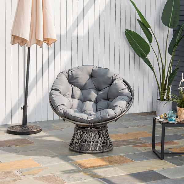 Poltrona Papasan Giratória de Vime Sintético Poltrona de Vime PE com Almofada e Estrutura de Aço Carga 160 kg para Jardim Terraço Pátio 87x97x90 cm Cinza
