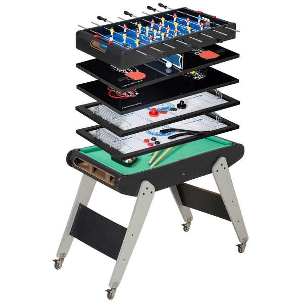 Mesa Multi Jogos para Crianças acima de 7 Anos Mesa de Jogos 6 em 1 com Rodas Bilhar Matraquilho Ping Pong Lançamento de Anéis Hóquei com Bastão e Hóquei com Discos 120x88x79cm Multicor