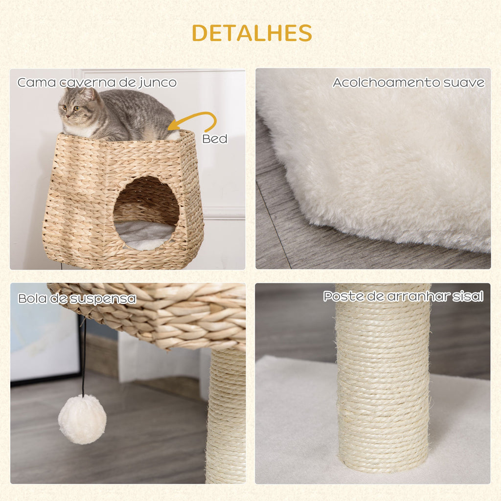 PawHut Árvore Arranhador para Gatos Pequena Altura 66cm Torre de Escalada para Gatos com Caverna de Junco Cama Superior Almofadas Poste Arranhador de Sisal e Bola Suspensa Creme e Natural