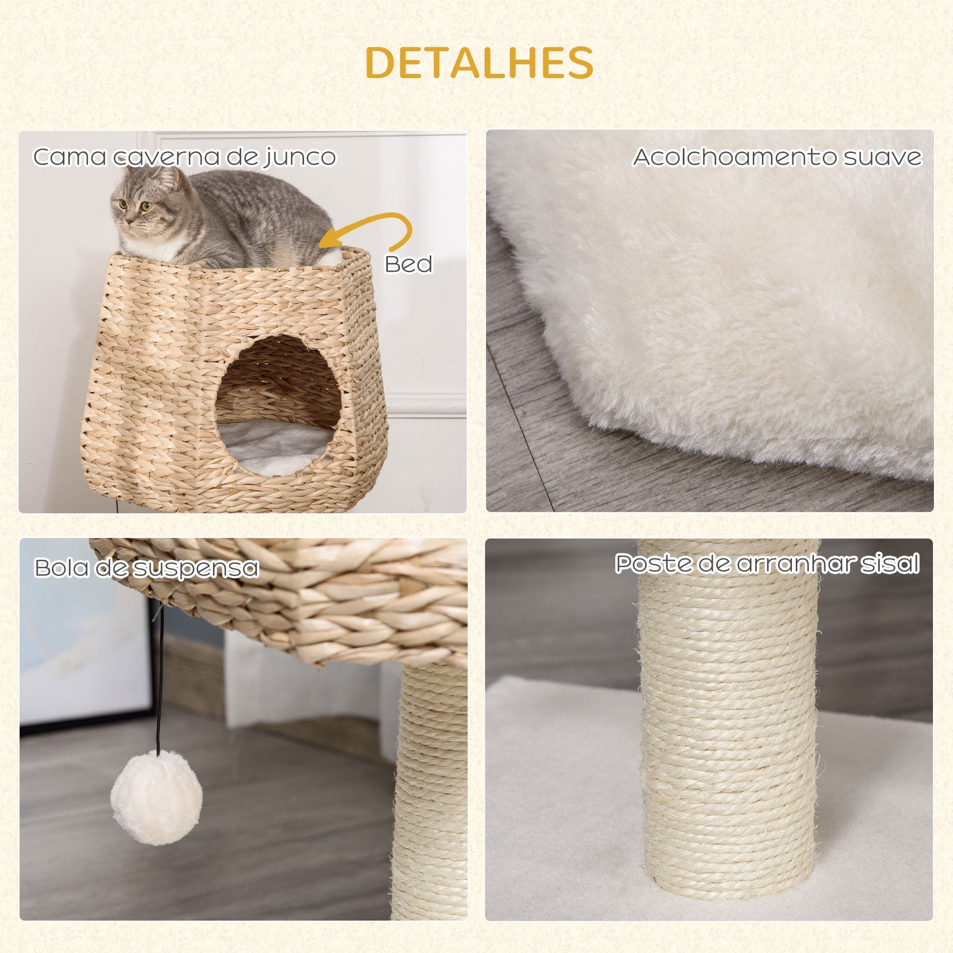 PawHut Árvore Arranhador para Gatos Pequena Altura 66cm Torre de Escalada para Gatos com Caverna de Junco Cama Superior Almofadas Poste Arranhador de Sisal e Bola Suspensa Creme e Natural