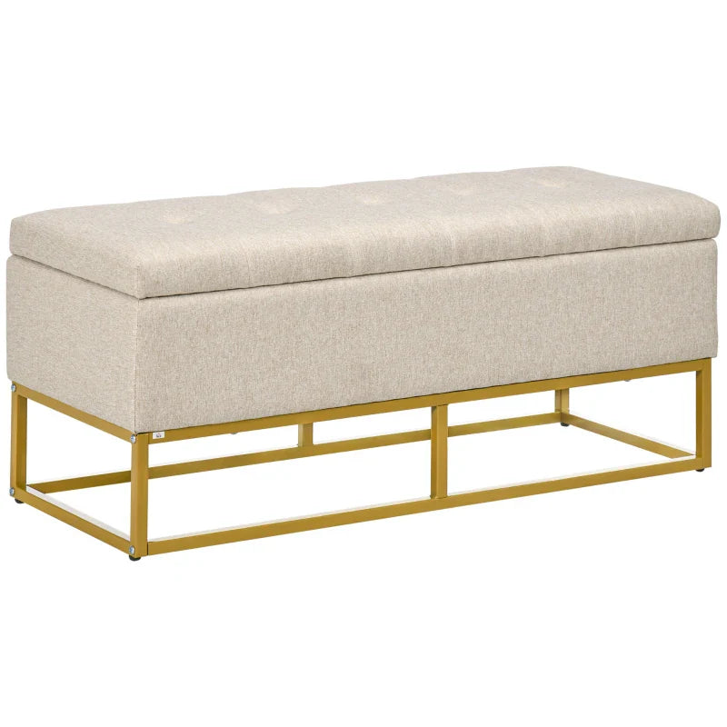 Banco de Armazenamento Otomano Retangular Estofado em Linho com Pés de Aço para Sala de Estar Dormitório 110x44x48 cm Bege