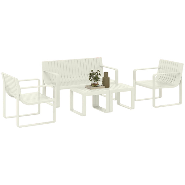 Conjunto de Jardim 5 Peças Móveis de Exterior com 2 Poltronas 1 Sofá de 2 Lugares e 2 Mesas de Centro Desenho de Ripas Impermeável Anti-UV Branco