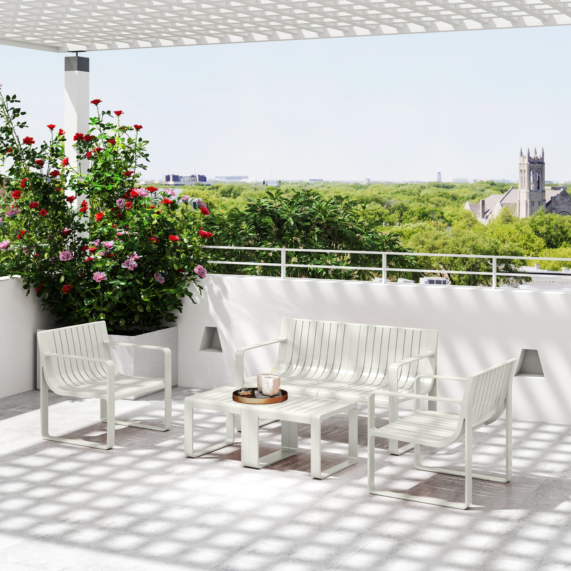 Conjunto de Jardim 5 Peças Móveis de Exterior com 2 Poltronas 1 Sofá de 2 Lugares e 2 Mesas de Centro Desenho de Ripas Impermeável Anti-UV Branco