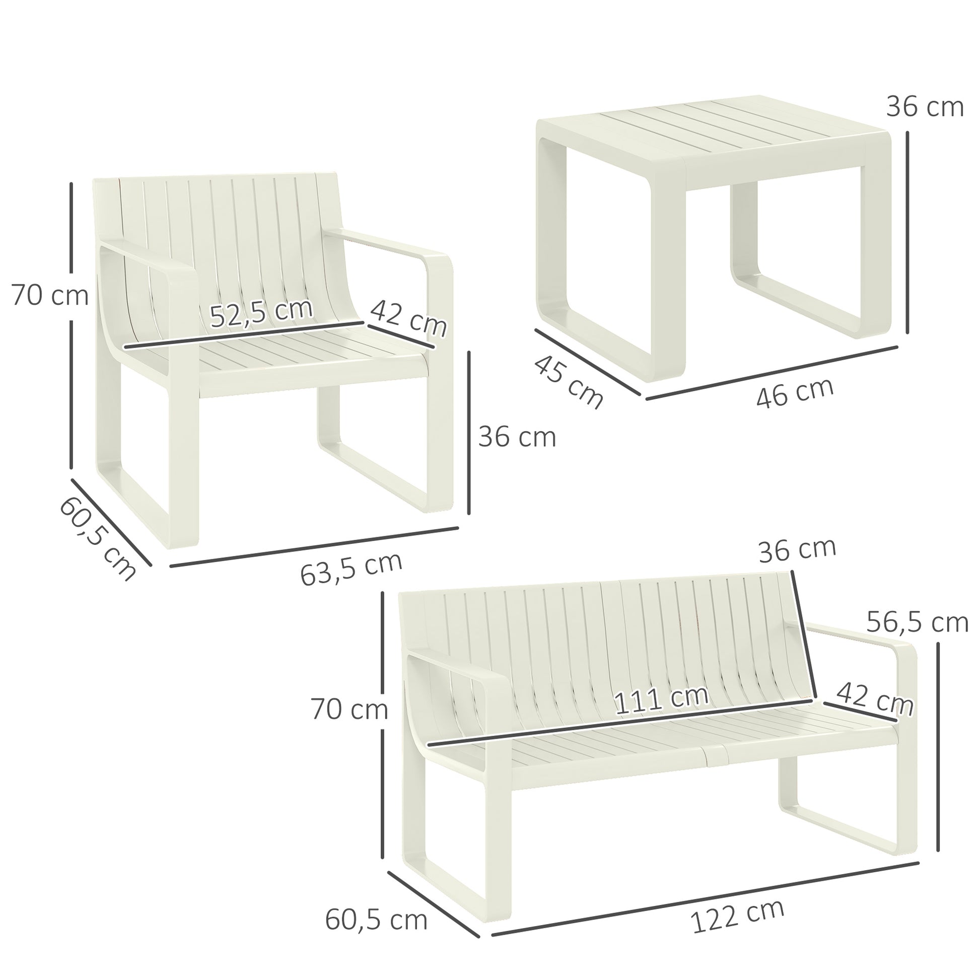 Conjunto de Jardim 5 Peças Móveis de Exterior com 2 Poltronas 1 Sofá de 2 Lugares e 2 Mesas de Centro Desenho de Ripas Impermeável Anti-UV Branco
