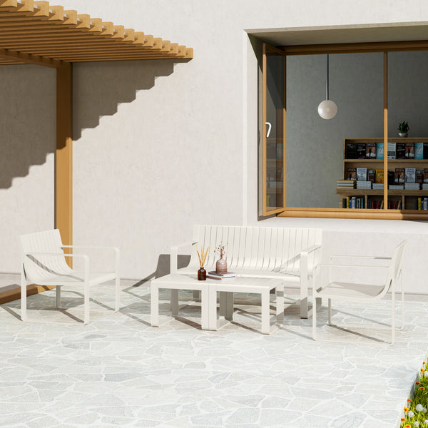 Conjunto de Jardim 5 Peças Móveis de Exterior com 2 Poltronas 1 Sofá de 2 Lugares e 2 Mesas de Centro Desenho de Ripas Impermeável Anti-UV Branco