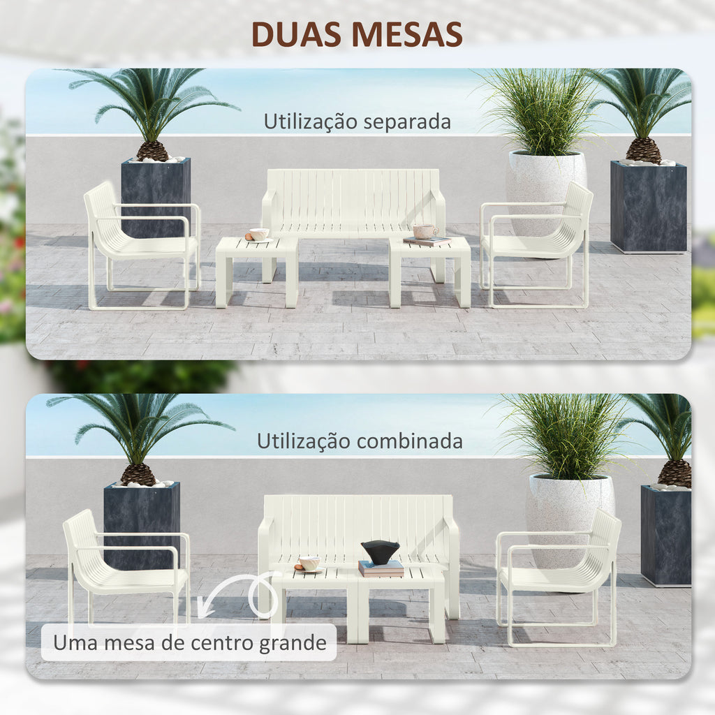 Conjunto de Jardim 5 Peças Móveis de Exterior com 2 Poltronas 1 Sofá de 2 Lugares e 2 Mesas de Centro Desenho de Ripas Impermeável Anti-UV Branco