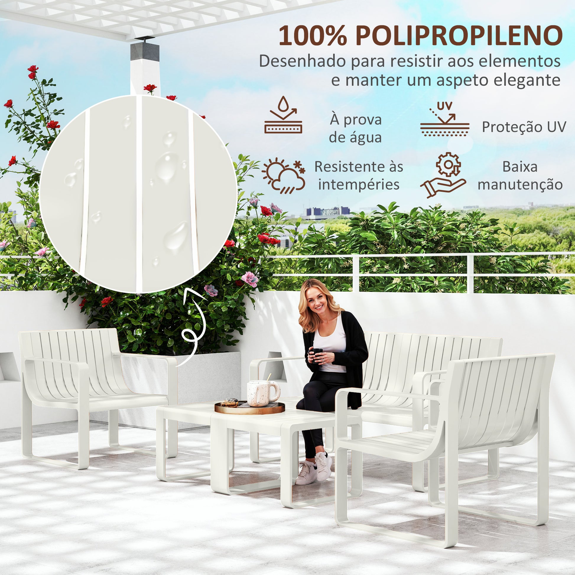 Conjunto de Jardim 5 Peças Móveis de Exterior com 2 Poltronas 1 Sofá de 2 Lugares e 2 Mesas de Centro Desenho de Ripas Impermeável Anti-UV Branco