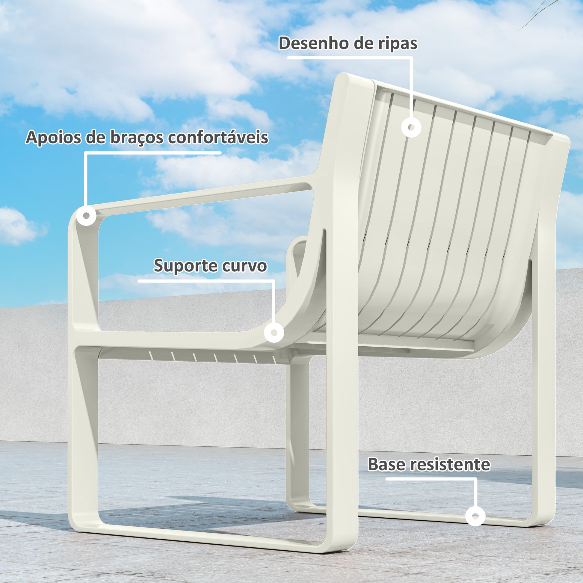 Conjunto de Jardim 5 Peças Móveis de Exterior com 2 Poltronas 1 Sofá de 2 Lugares e 2 Mesas de Centro Desenho de Ripas Impermeável Anti-UV Branco