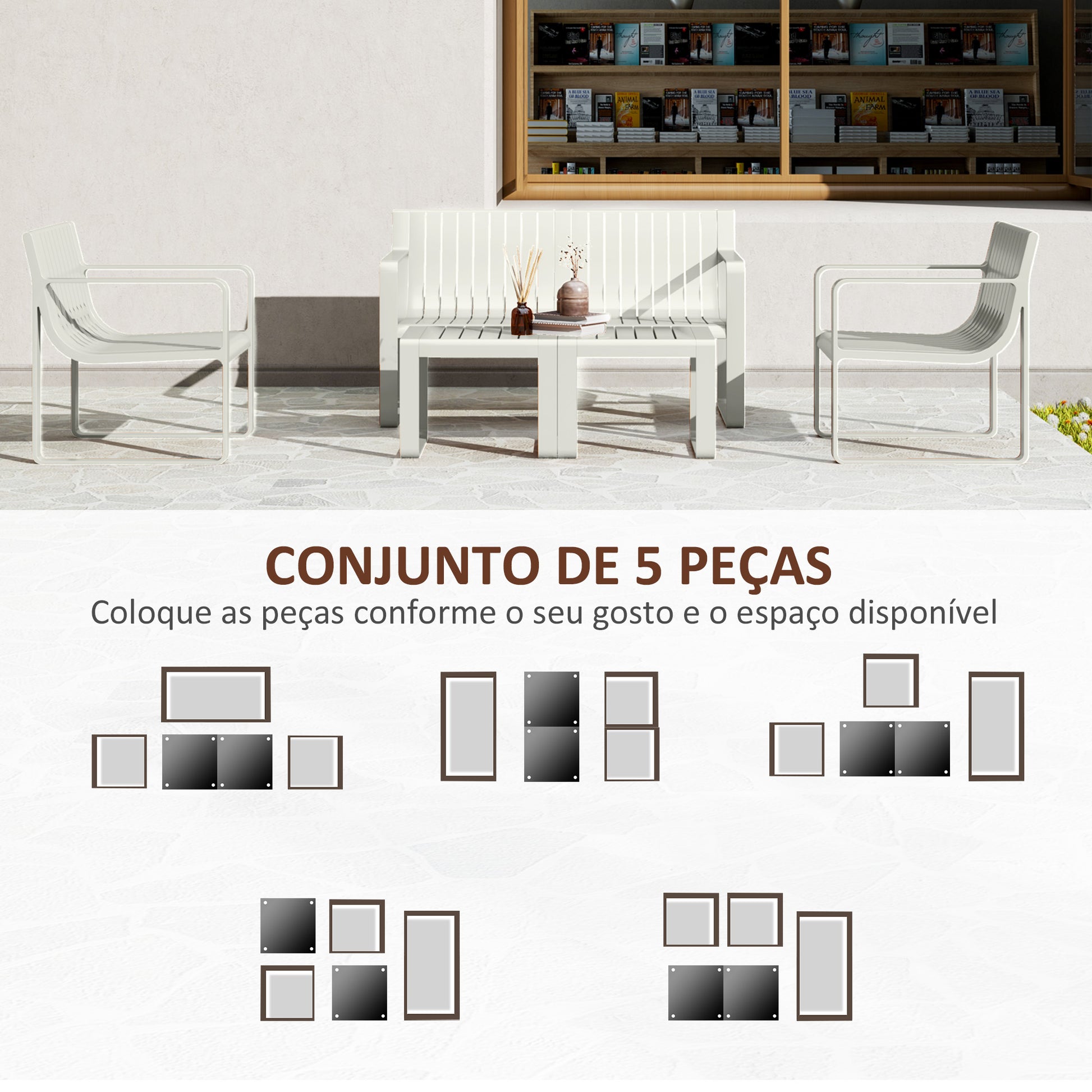 Conjunto de Jardim 5 Peças Móveis de Exterior com 2 Poltronas 1 Sofá de 2 Lugares e 2 Mesas de Centro Desenho de Ripas Impermeável Anti-UV Branco