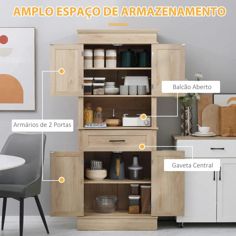 Armário de Cozinha Móvel Auxiliar de Cozinha com 4 Portas 1 Gaveta e Prateleira Aberta para Sala de Estar Sala de Jantar 74x39,5x183cm Carvalho