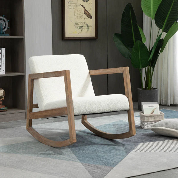 Poltrona Baloiço Estofada em Tecido Borreguito Poltrona Baloiço com Assento Acolchoado Apoio para os Braços e Pés de Madeira de Borracha para Sala de Estar Dormitório 60x81x71cm Creme