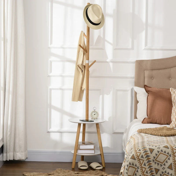 Cabide de Pé de Bambu 2 em 1 Cabide de Pé com 2 Prateleiras 5 Ganchos para Roupas Bolsas e Estrutura de Alumínio para Entrada Dormitório 39x5x39,5x71cm Madeira e Branco