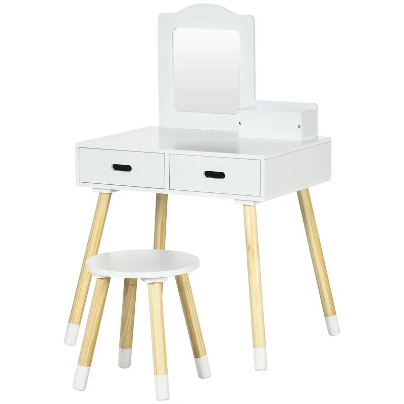 Toucador Infantil Toucador de Madeira Infantil com Banco Espelho e 2 Gavetas Brinquedo Educativo para Crianças de 3-6 Anos 60x40x95cm Branco