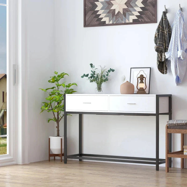 Consola Mesa de Entrada 120x34x81cm com 2 Gavetas e Pés Ajustáveis Móvel de Entrada de Estilo Moderno para Corredor Entrada Branco e Preto