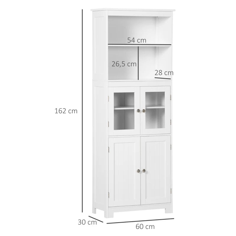 Armário de Cozinha com 2 Portas de Vidro Temperado 2 Prateleiras Abertas e Armário com Prateleira Ajustável para Sala de Estar 60x30x162 cm Branco