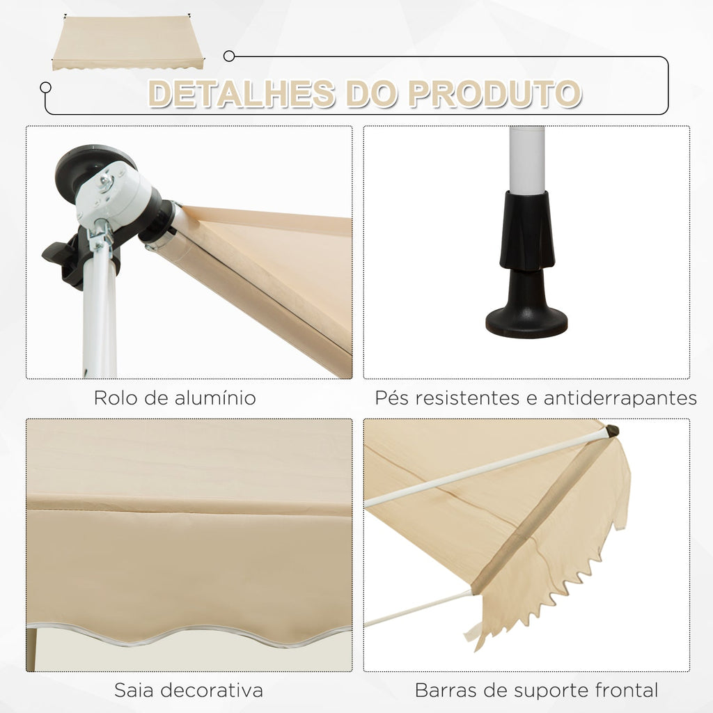 Toldo Manual Retrátil para Exterior 300x150x170-280cm Toldo Enrolável Altura Ajustável com Manivela Proteção Solar para Terraço Balcão Jardim Bege