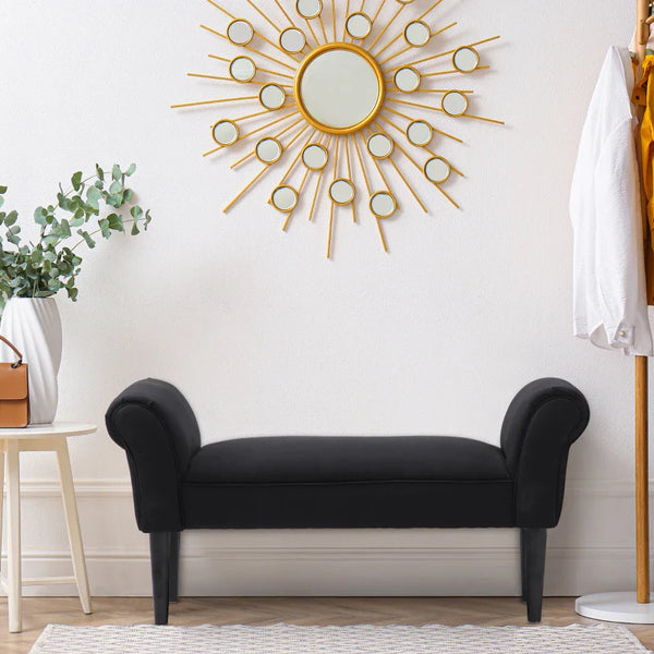 Banco de Pé de Cama Banco com Braços Curvados Estofado e Pés de Madeira para Dormitório Entrada Sala de Estar Carga Máxima 130kg 102x31x51cm Preto