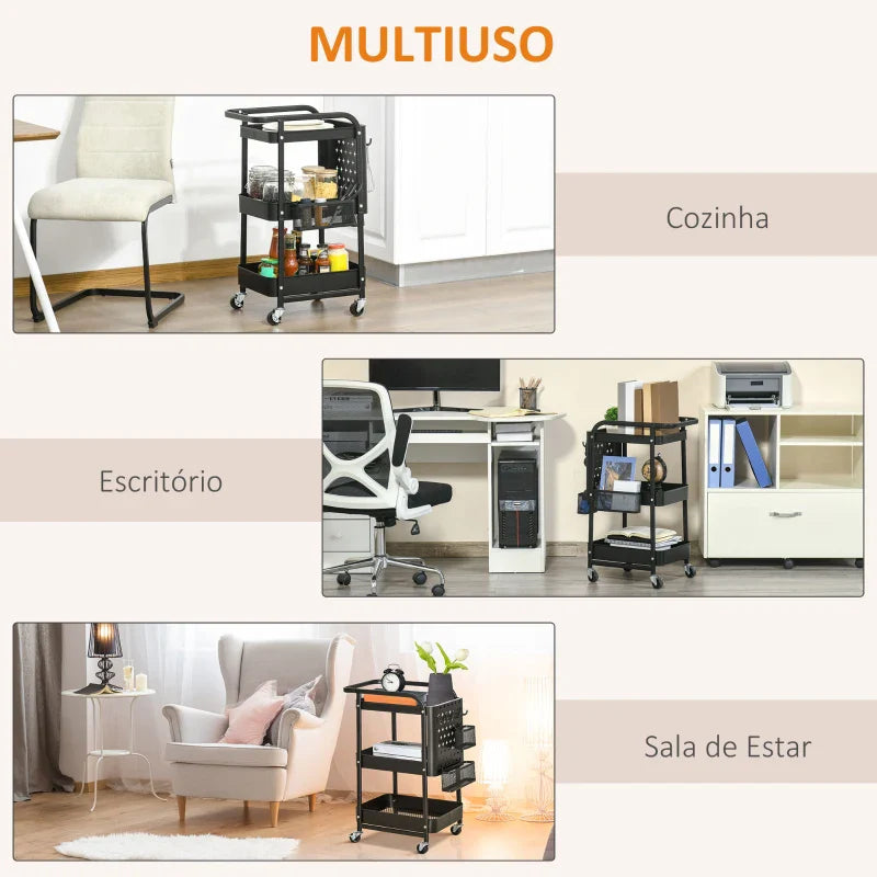 Carrinho de Cozinha com Rodas Carrinho de Armazenamento de 3 Níveis com 4 Ganchos 2 Cestas Alça de Transporte e Rodas com Freio para Casa de Banho Escritório Dormitório 51,5x32x75,6cm Preto