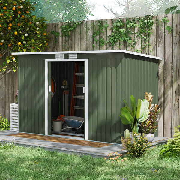 Abrigo de Jardim 280x130x172cm Abrigo de Exterior de Aço Galvanizado com Porta Corredeira e Ventilações para Armazenamento de Ferramentas Verde Claro