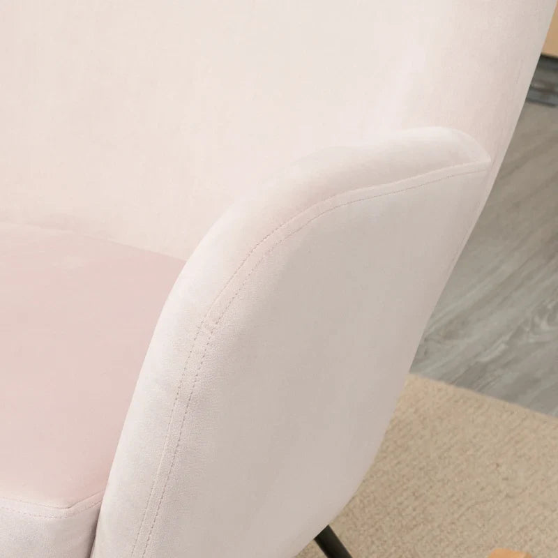 Poltrona Baloiço Estofada em Veludo Poltrona Baloiço Relax com Assento Acolchoado Apoio para os Braços e Pés de Madeira de Faia para Sala de Estar Dormitório 65x87x102cm Rosa