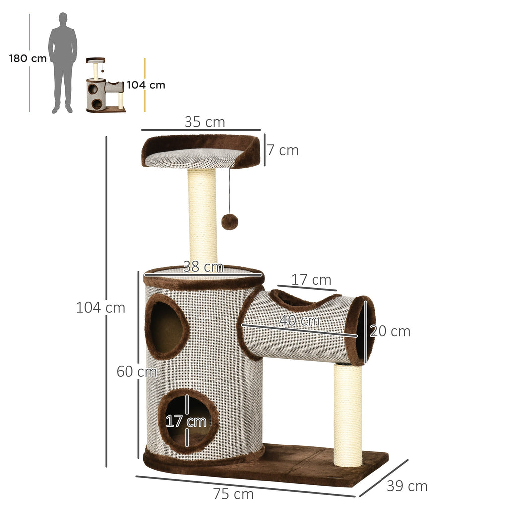 PawHut Árvore Arranhador para Gatos Médios Altura 104cm Torre de Escalada para Gatos com Barril Arranhador Plataforma Superior Túnel Poste de Sisal e Bola Suspensa 75x39x104cm Marrom