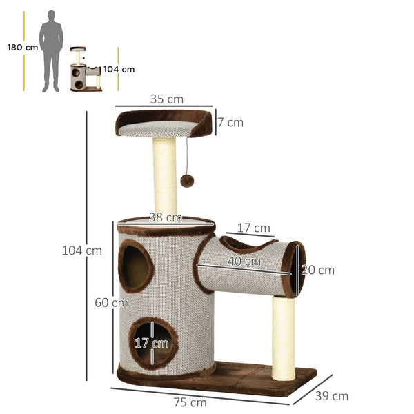 PawHut Árvore Arranhador para Gatos Médios Altura 104cm Torre de Escalada para Gatos com Barril Arranhador Plataforma Superior Túnel Poste de Sisal e Bola Suspensa 75x39x104cm Marrom