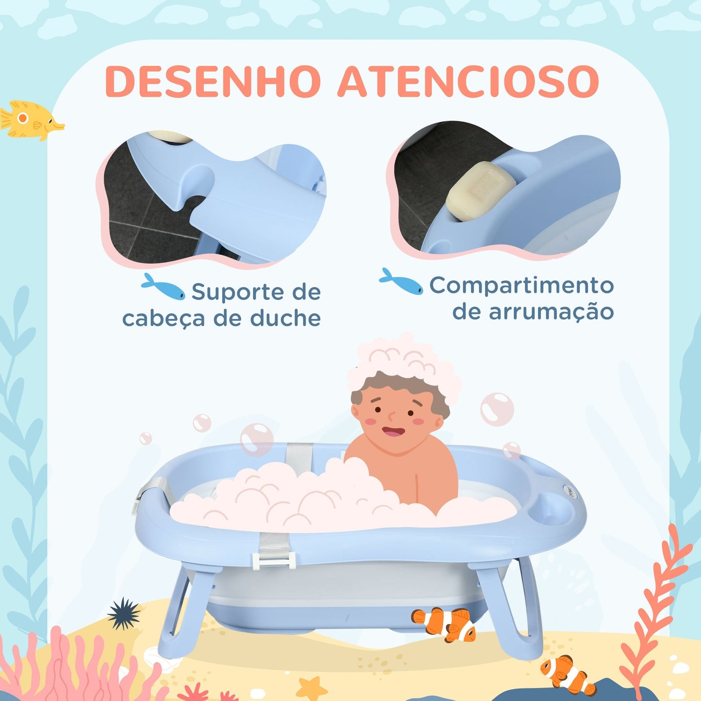 ZONEKIZ Banheira para Bebé Recém Nascido Dobrável 40L com Almofada Pés Antiderrapantes Orifício de Drenagem e Suporte para Duche 83x48x23,5 cm Azul - A minha loja