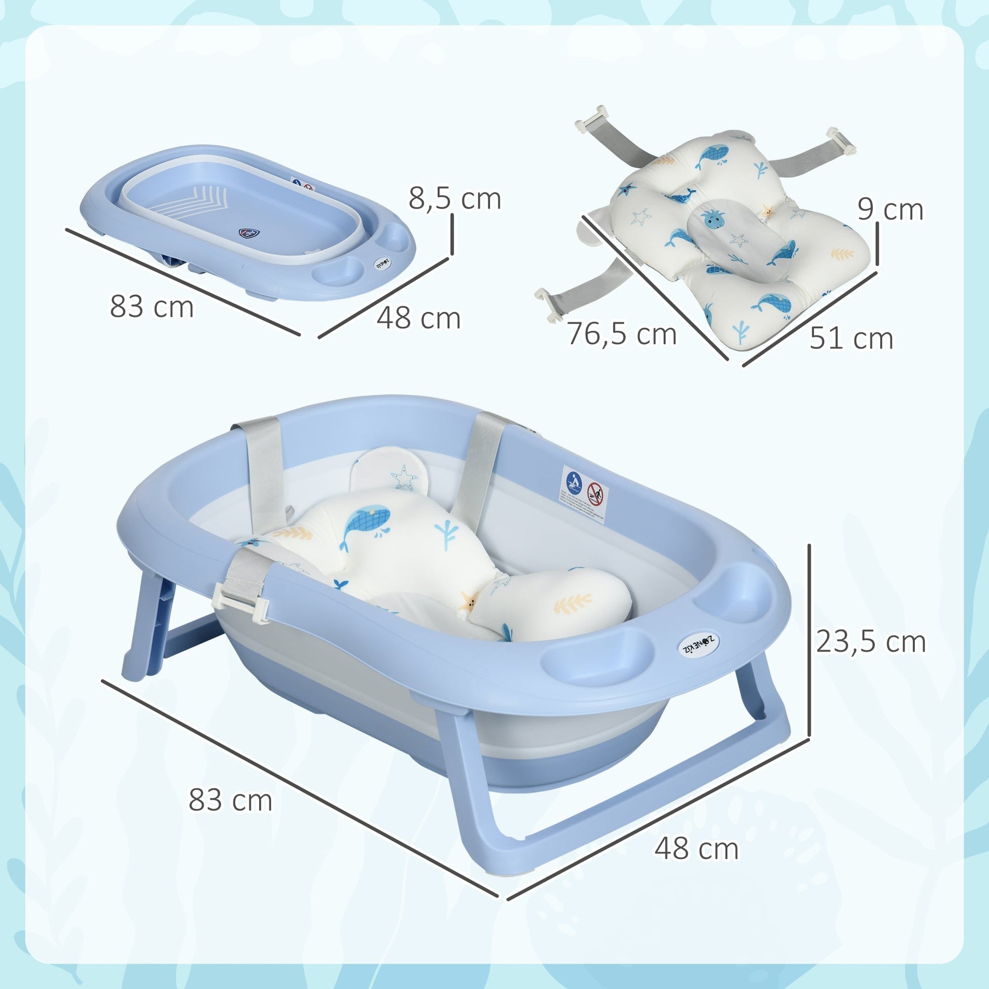 ZONEKIZ Banheira para Bebé Recém Nascido Dobrável 40L com Almofada Pés Antiderrapantes Orifício de Drenagem e Suporte para Duche 83x48x23,5 cm Azul - A minha loja