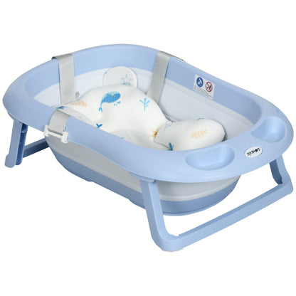 ZONEKIZ Banheira para Bebé Recém Nascido Dobrável 40L com Almofada Pés Antiderrapantes Orifício de Drenagem e Suporte para Duche 83x48x23,5 cm Azul - A minha loja