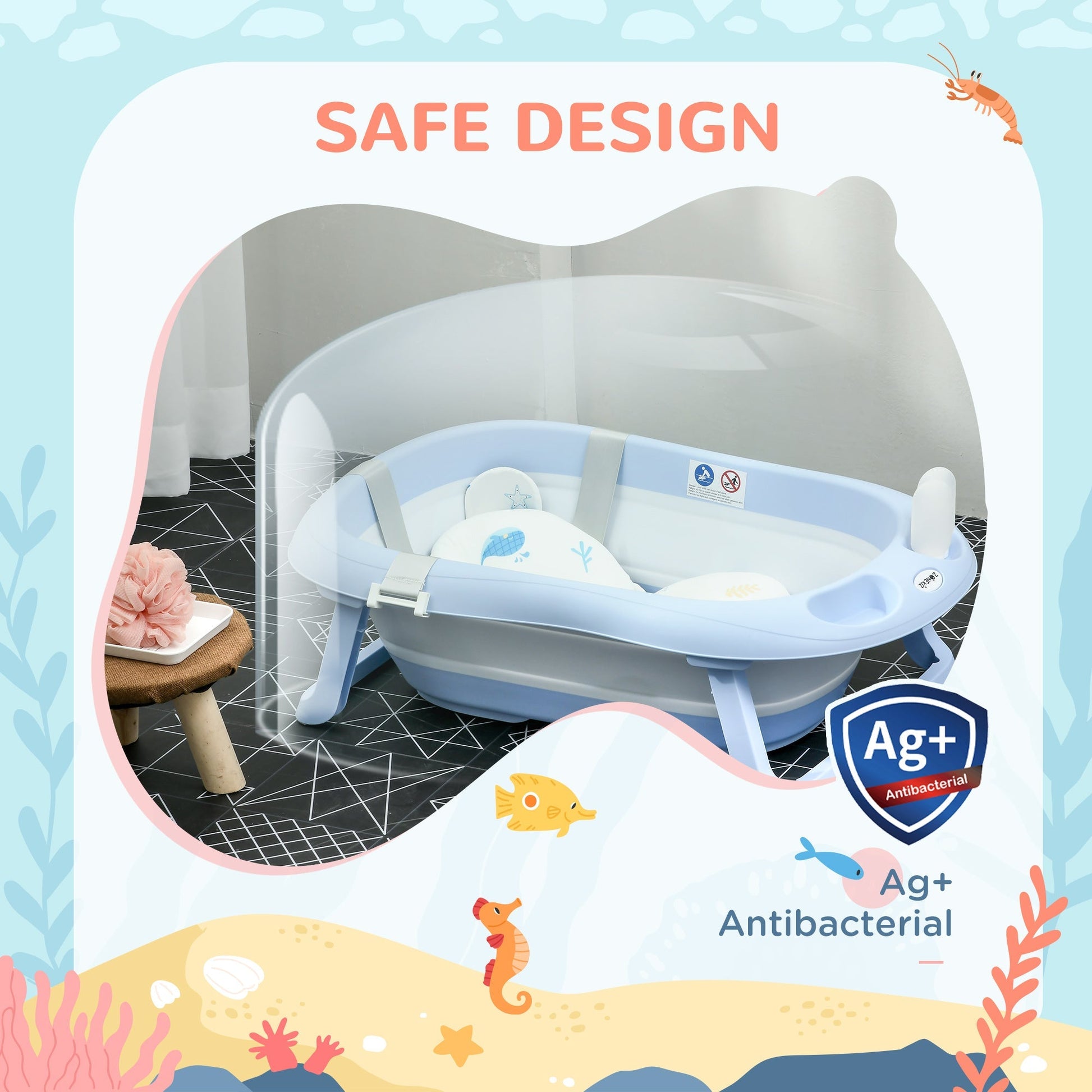 ZONEKIZ Banheira para Bebé Recém Nascido Dobrável 40L com Almofada Pés Antiderrapantes Orifício de Drenagem e Suporte para Duche 83x48x23,5 cm Azul - A minha loja