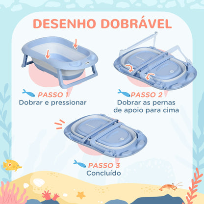 ZONEKIZ Banheira para Bebé Recém Nascido Dobrável 40L com Almofada Pés Antiderrapantes Orifício de Drenagem e Suporte para Duche 83x48x23,5 cm Azul - A minha loja