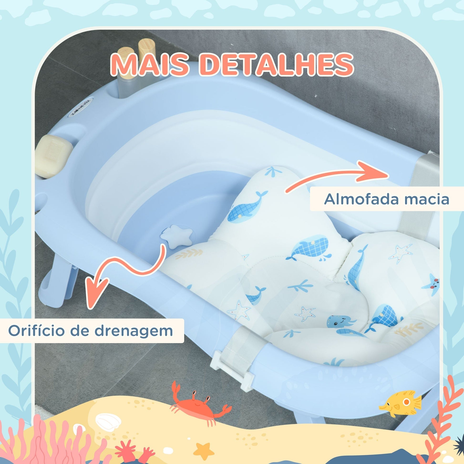 ZONEKIZ Banheira para Bebé Recém Nascido Dobrável 40L com Almofada Pés Antiderrapantes Orifício de Drenagem e Suporte para Duche 83x48x23,5 cm Azul - A minha loja