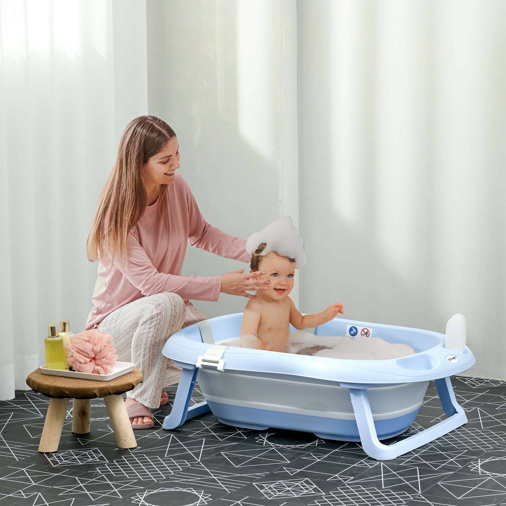 ZONEKIZ Banheira para Bebé Recém Nascido Dobrável 40L com Almofada Pés Antiderrapantes Orifício de Drenagem e Suporte para Duche 83x48x23,5 cm Azul - A minha loja