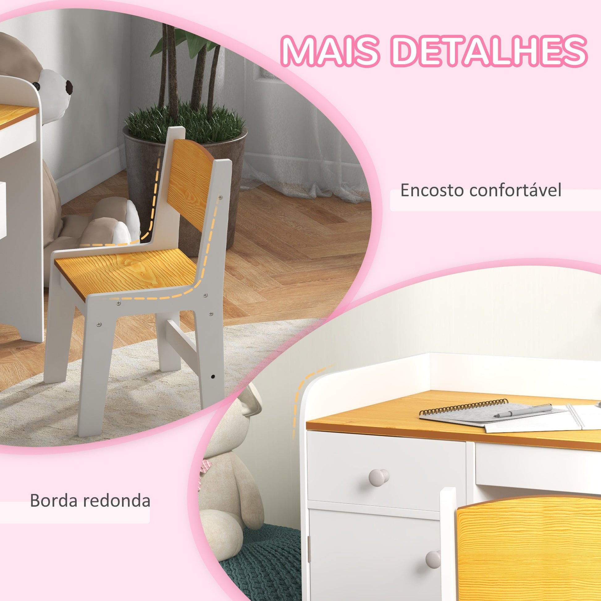 ZONEKIZ Conjunto de Secretária e Cadeira para Crianças Secretária Infantil com Cadeira Conjunto Infantil de 2 Peças com Gaveta e Armário para Quarto Sala Branco e Natural - A minha loja