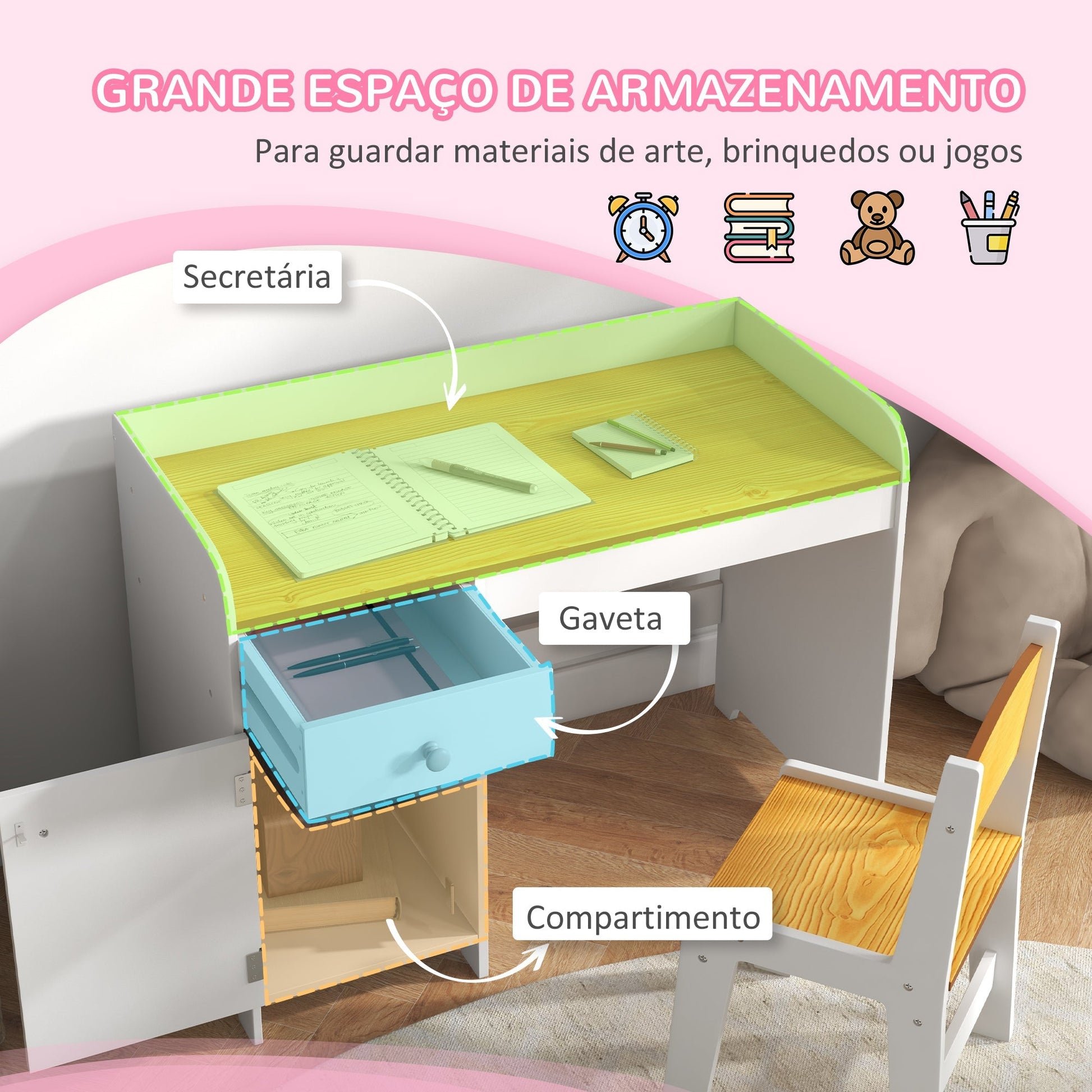 ZONEKIZ Conjunto de Secretária e Cadeira para Crianças Secretária Infantil com Cadeira Conjunto Infantil de 2 Peças com Gaveta e Armário para Quarto Sala Branco e Natural - A minha loja