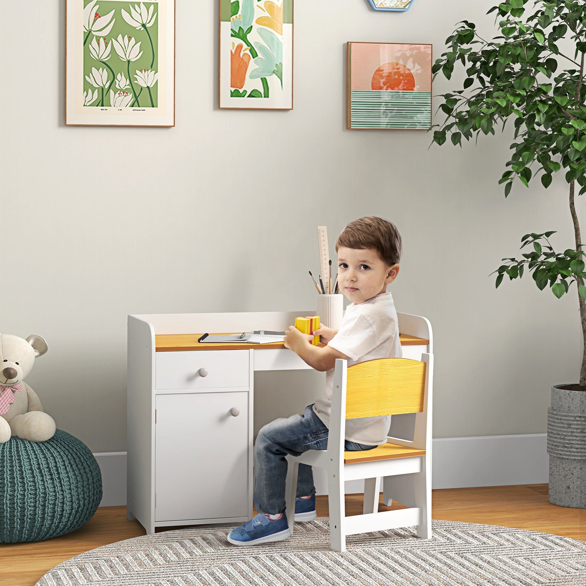 ZONEKIZ Conjunto de Secretária e Cadeira para Crianças Secretária Infantil com Cadeira Conjunto Infantil de 2 Peças com Gaveta e Armário para Quarto Sala Branco e Natural - A minha loja