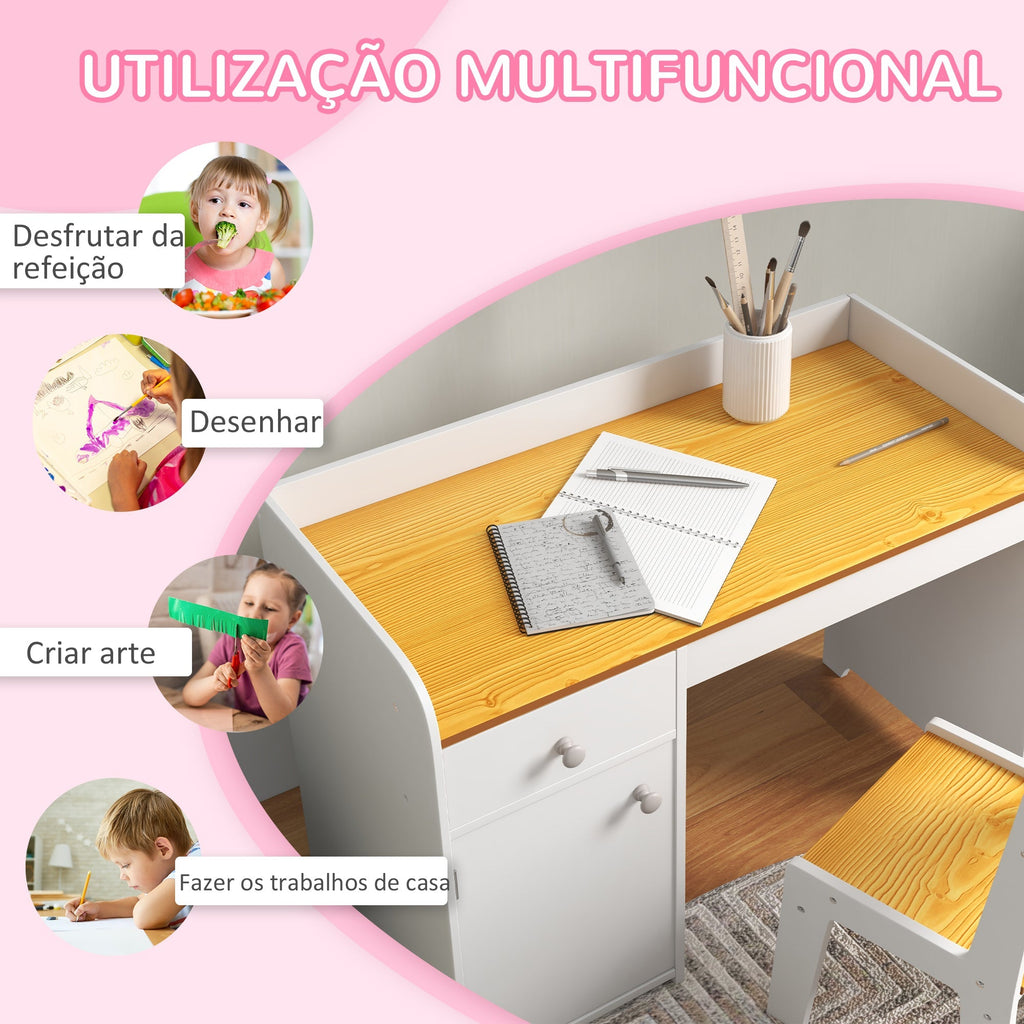 ZONEKIZ Conjunto de Secretária e Cadeira para Crianças Secretária Infantil com Cadeira Conjunto Infantil de 2 Peças com Gaveta e Armário para Quarto Sala Branco e Natural - A minha loja