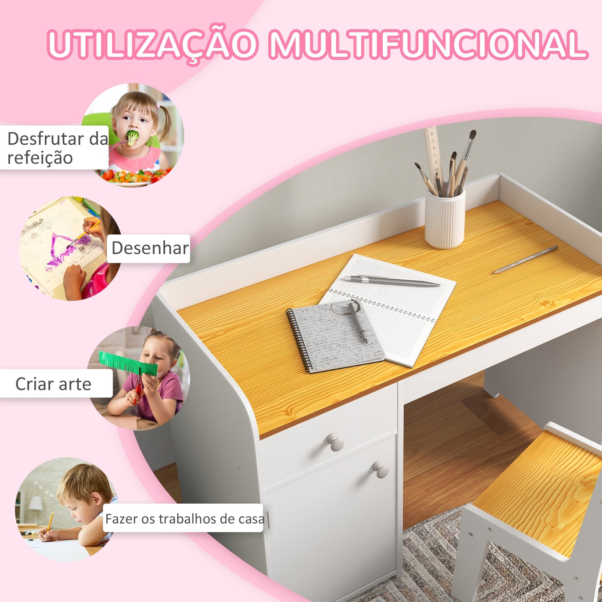 ZONEKIZ Conjunto de Secretária e Cadeira para Crianças Secretária Infantil com Cadeira Conjunto Infantil de 2 Peças com Gaveta e Armário para Quarto Sala Branco e Natural - A minha loja