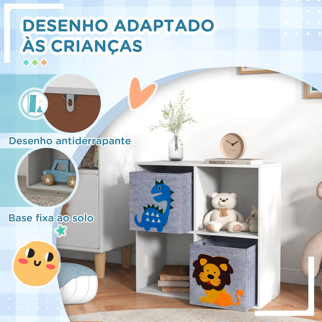 ZONEKIZ Estante para Brinquedos Estante para Crianças acima de 3 Anos com 4 Compartimentos de Armazenamento e 2 Caixas de Tecido não Tecido com Desenho de Animais 61,8x29,9x61,8 cm Branco e Cinza - A minha loja