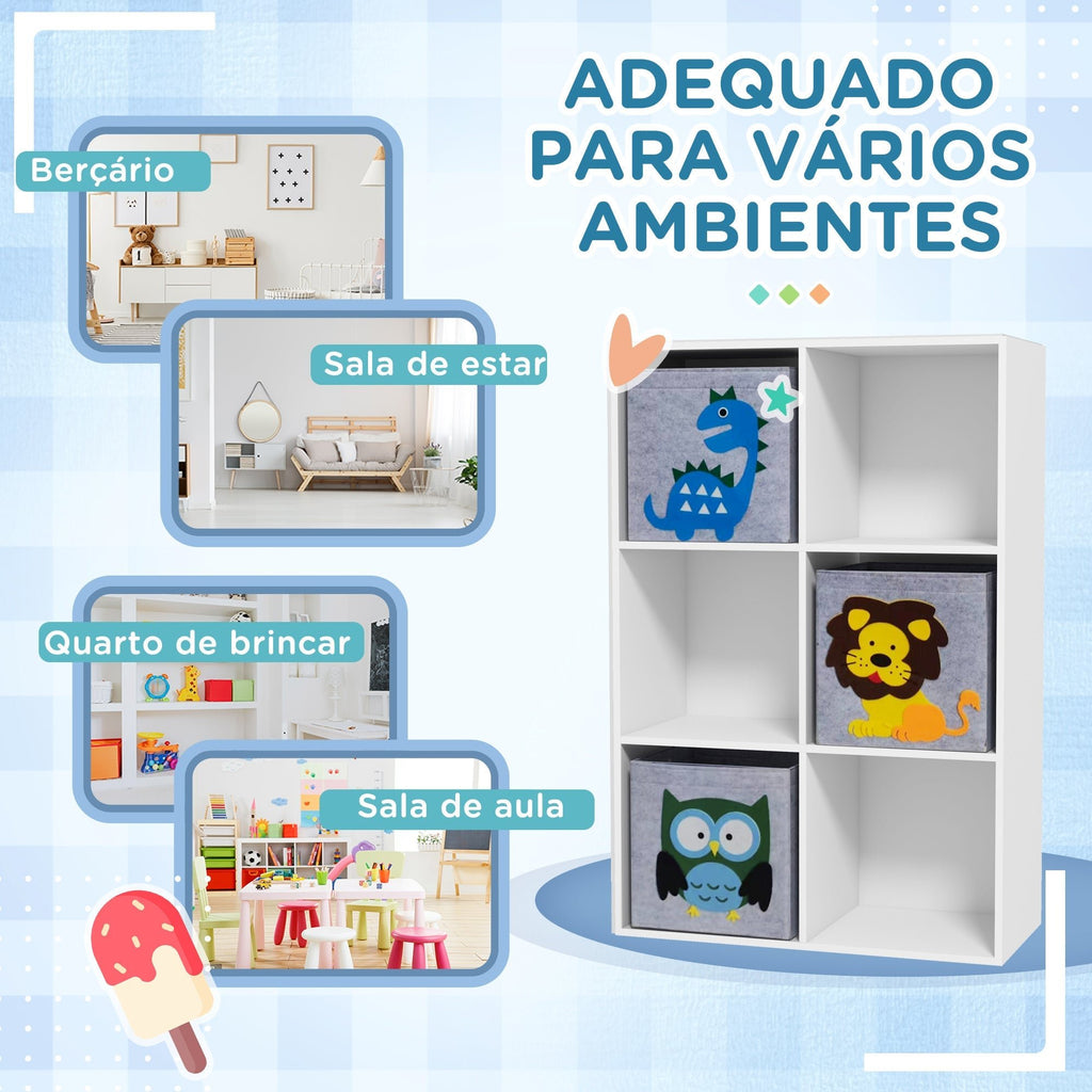 ZONEKIZ Estante para Brinquedos Estante para Crianças acima de 3 Anos com 6 Compartimentos de Armazenamento e 3 Caixas de Tecido não Tecido com Desenho de Animais 61,8x29,9x91,5 cm Branco e Cinza - A minha loja
