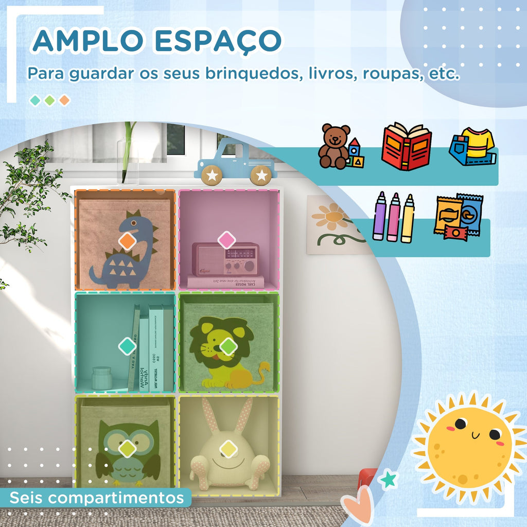 ZONEKIZ Estante para Brinquedos Estante para Crianças acima de 3 Anos com 6 Compartimentos de Armazenamento e 3 Caixas de Tecido não Tecido com Desenho de Animais 61,8x29,9x91,5 cm Branco e Cinza - A minha loja