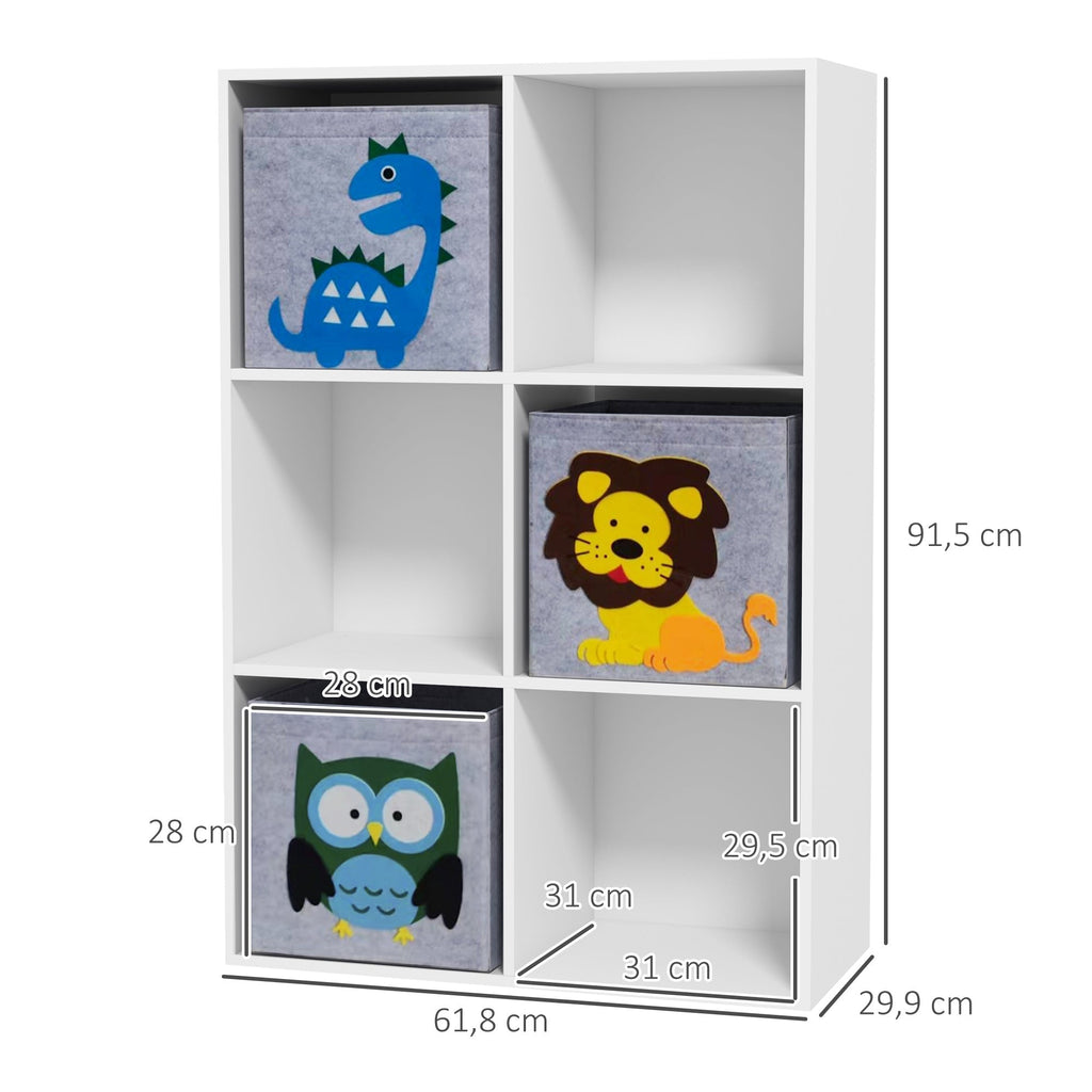 ZONEKIZ Estante para Brinquedos Estante para Crianças acima de 3 Anos com 6 Compartimentos de Armazenamento e 3 Caixas de Tecido não Tecido com Desenho de Animais 61,8x29,9x91,5 cm Branco e Cinza - A minha loja