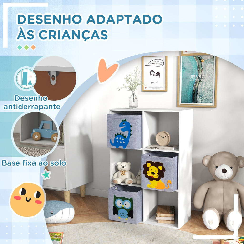 ZONEKIZ Estante para Brinquedos Estante para Crianças acima de 3 Anos com 6 Compartimentos de Armazenamento e 3 Caixas de Tecido não Tecido com Desenho de Animais 61,8x29,9x91,5 cm Branco e Cinza - A minha loja