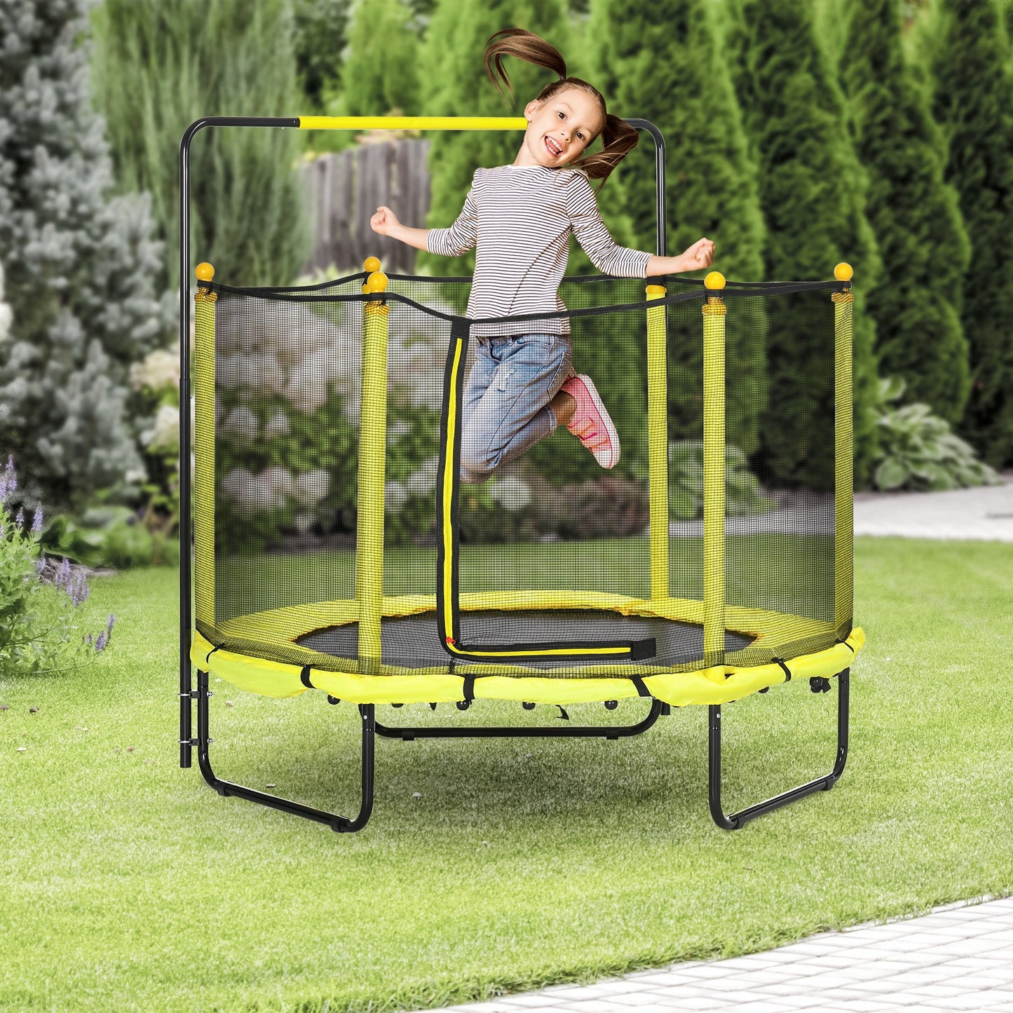 ZONEKIZ Trampolim Infantil Ø110 cm Trampolim para Crianças de 1 - 10 Anos com Rede de Segurança Barra Ajustável para Interior e Exterior Ø140x120 - 140 cm Amarelo - A minha loja