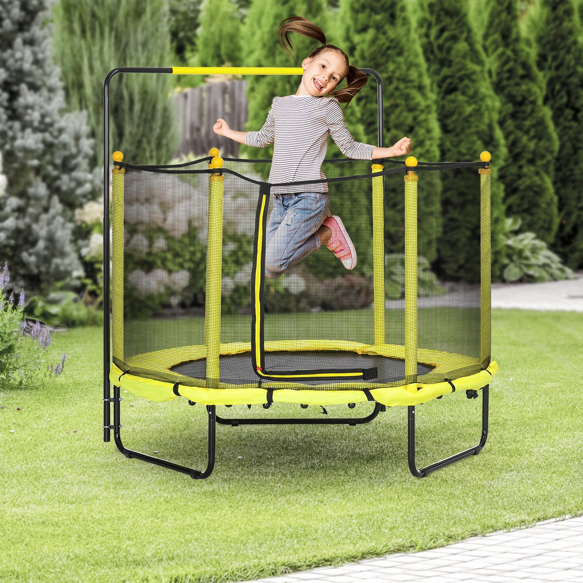 ZONEKIZ Trampolim Infantil Ø110 cm Trampolim para Crianças de 1 - 10 Anos com Rede de Segurança Barra Ajustável para Interior e Exterior Ø140x120 - 140 cm Amarelo - A minha loja