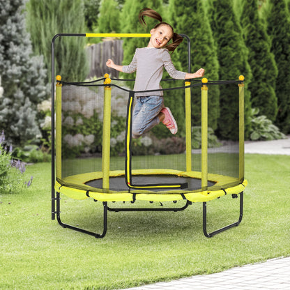 ZONEKIZ Trampolim Infantil Ø110 cm Trampolim para Crianças de 1 - 10 Anos com Rede de Segurança Barra Ajustável para Interior e Exterior Ø140x120 - 140 cm Amarelo - A minha loja