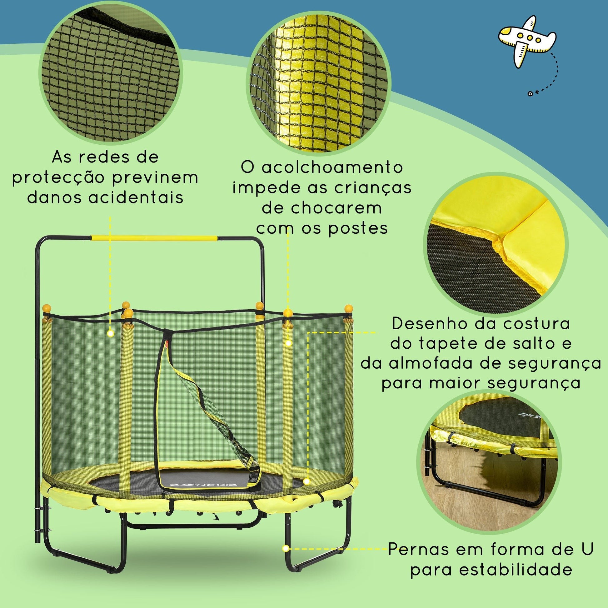 ZONEKIZ Trampolim Infantil Ø110 cm Trampolim para Crianças de 1 - 10 Anos com Rede de Segurança Barra Ajustável para Interior e Exterior Ø140x120 - 140 cm Amarelo - A minha loja