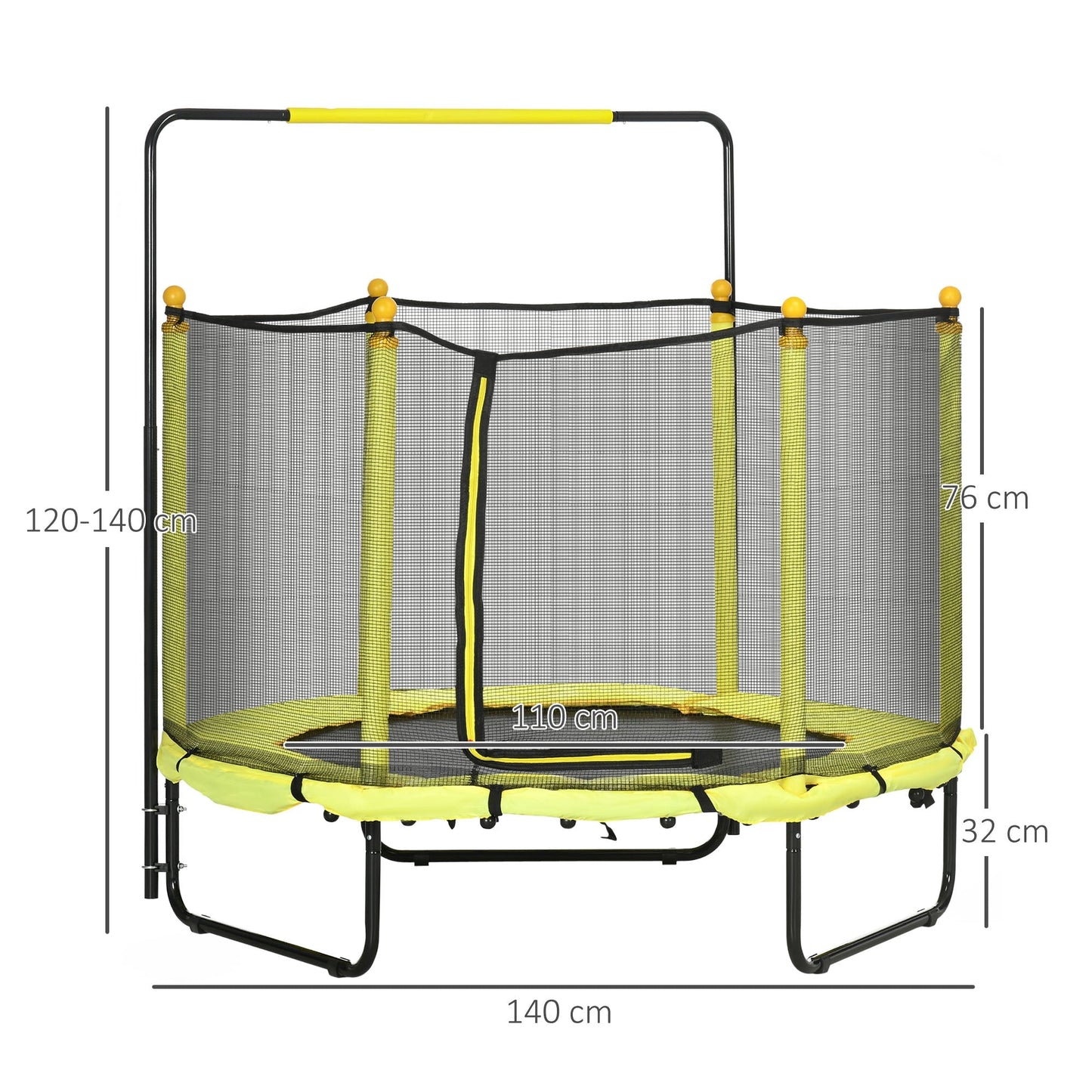 ZONEKIZ Trampolim Infantil Ø110 cm Trampolim para Crianças de 1 - 10 Anos com Rede de Segurança Barra Ajustável para Interior e Exterior Ø140x120 - 140 cm Amarelo - A minha loja