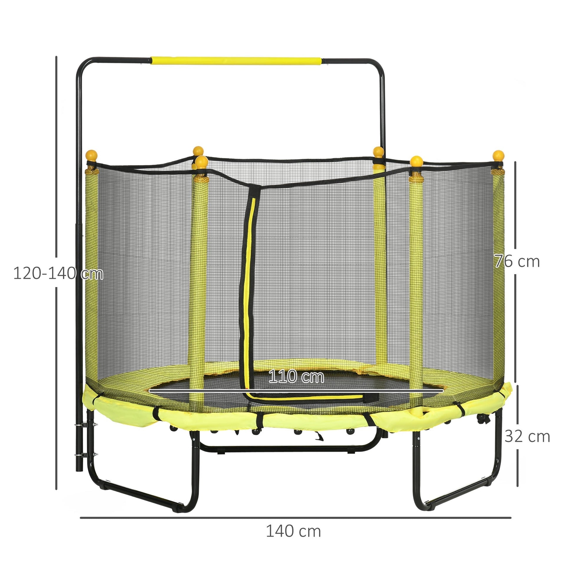 ZONEKIZ Trampolim Infantil Ø110 cm Trampolim para Crianças de 1 - 10 Anos com Rede de Segurança Barra Ajustável para Interior e Exterior Ø140x120 - 140 cm Amarelo - A minha loja
