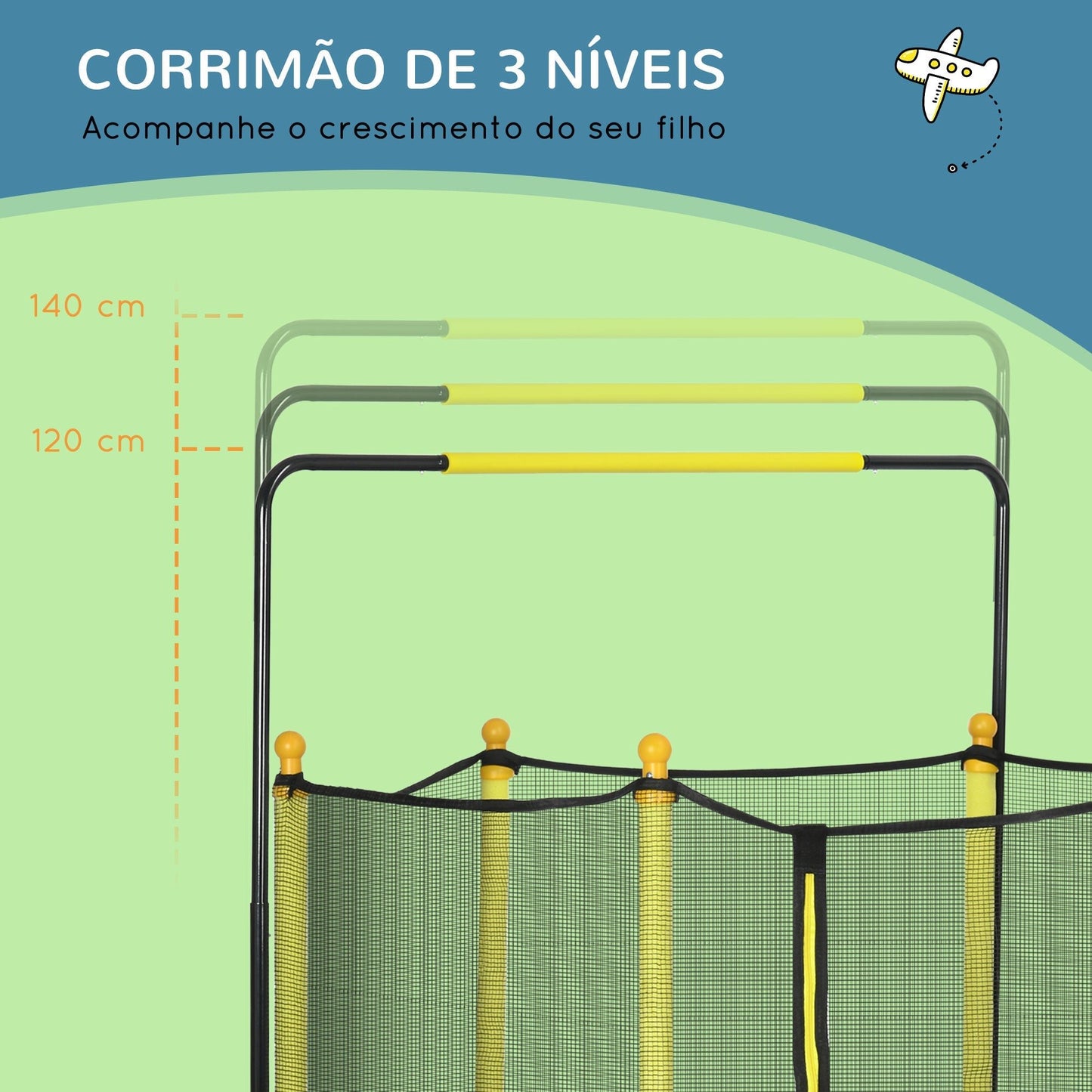 ZONEKIZ Trampolim Infantil Ø110 cm Trampolim para Crianças de 1 - 10 Anos com Rede de Segurança Barra Ajustável para Interior e Exterior Ø140x120 - 140 cm Amarelo - A minha loja
